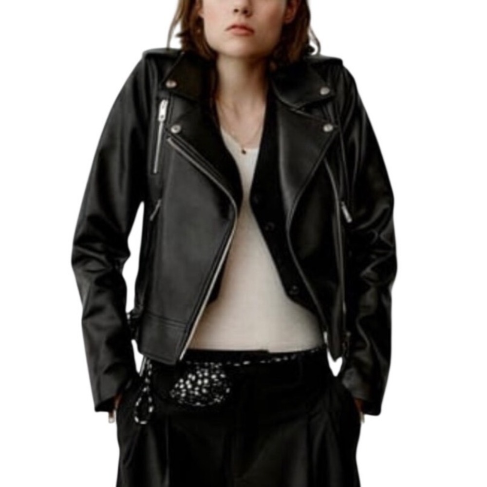 Zara Faux Leather Biker Moto Jacket  Womens L Silver Hardware 4341/750/800
